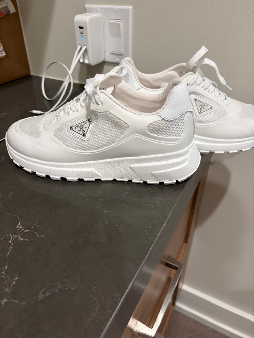 Prada White Mesh & Leather Platform Sneakers - Picture 6 of 6